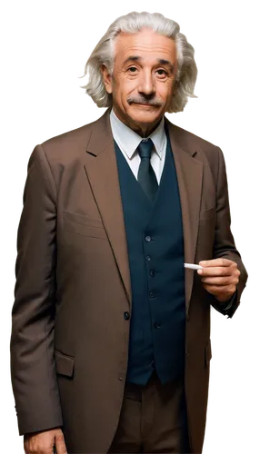 Elderly man, Albert Einstein, solo, (70yo), wild white hair, bushy eyebrows, wrinkles, gentle smile, brown suit, white shirt, black tie, holding chalk, standing, professor, realistic, soft lighting, s