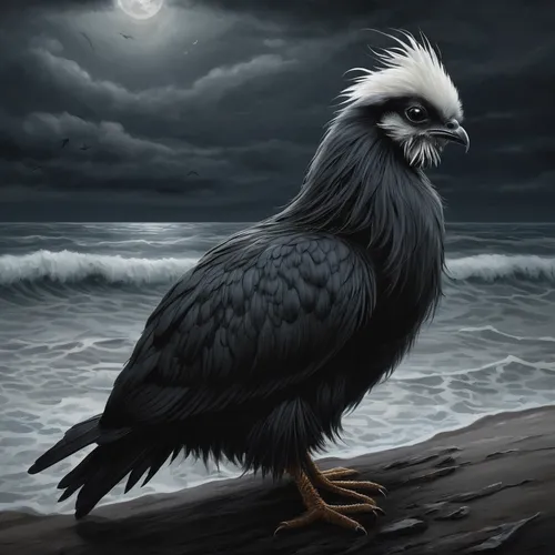 Create a dark and haunting poem describing the mournful song of a lonely silkie longing to return to the sea.,sea head eagle,corvidae,eagle illustration,black raven,coastal bird,giant sea eagle,sea ea