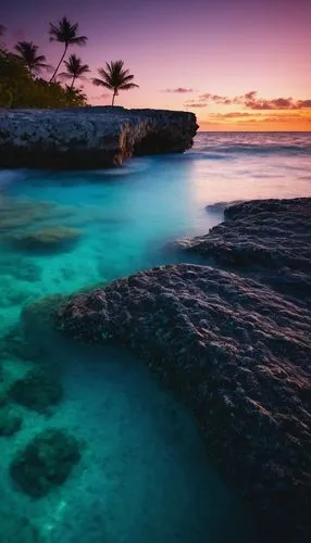 cinematic film still {A mesmerizing double long exposure captures the serene beauty of the sea in the Cayman Islands. Crystal clear waters reflect the vibrant hues of the sky, creating a stunning inte