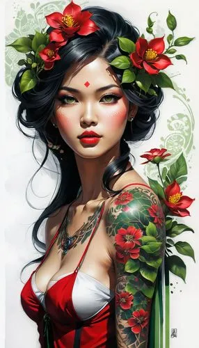 geisha girl,viveros,sichuanese,cheongsam,chicana,jasmine blossom,tattoo girl,geisha,rose flower illustration,oriental girl,flower painting,vietnamese woman,flamenca,oriental princess,background ivy,red roses,oriental painting,diwata,girl in flowers,red magnolia,Conceptual Art,Fantasy,Fantasy 03