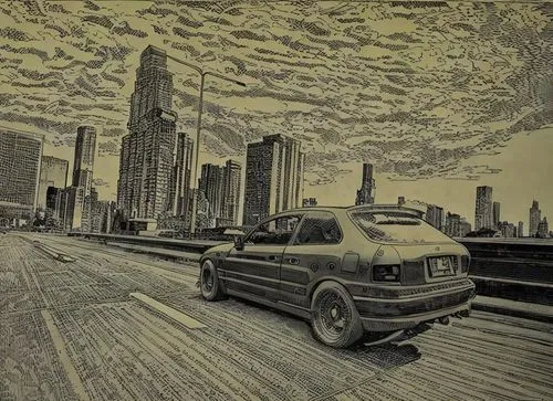 detroit,skyline,post apocalyptic,dodge dakota,chrysler,apocalyptic,post-apocalyptic landscape,chrysler fifth avenue,city car,taxi cab,chalk drawing,pontiac montana,city scape,chrysler 300,retro automo