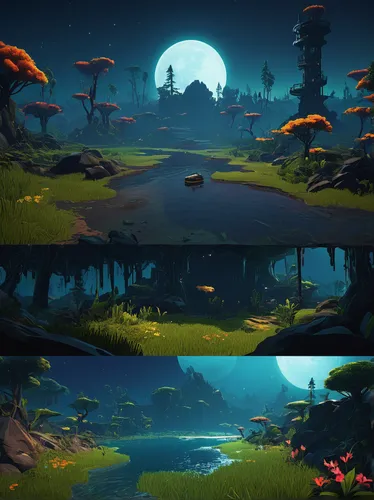 video game environment, Risk of Rain 2, stages, alien landscape, floating islands, lush vegetation, abandoned structures, futuristic design, dynamic weather, stage-specific enemies, interactive elemen