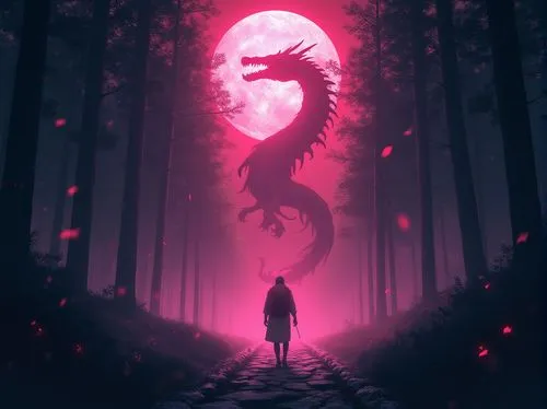 a woman in a black dress standing on a path with a dragon on the wall,oscura,demogorgon,mermaid silhouette,encounter,silhouette art,neomordellistena,Illustration,Japanese style,Japanese Style 14