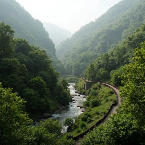 Sweeping hills, lush green forests, meandering streams, rustic wooden bridges, natural stone walls, curved lines, organic forms, earthy tones, blending boundaries, seamless transitions, harmonious coe