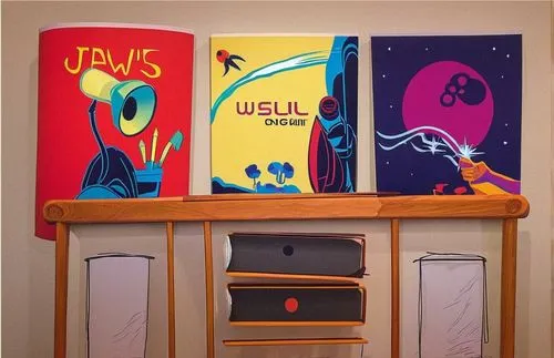 bookshelf,paintings,atari,yoga mats,banners,bookshelves,music books,ufo interior,kids room,shelves,box set,vinyls,cabinets,bookcase,nightstand,the shelf,banner set,silhouette art,switch cabinet,wall a