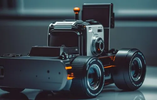 camera and flash unit sitting on a surface,tilt shift,toy photos,rc model,lensbaby,camera illustration,radio-controlled car,Photography,General,Realistic