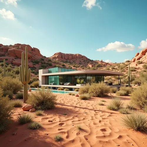 dunes house,arid landscape,mid century house,futuristic landscape,desert landscape,earthship,3d rendering,desert desert landscape,arid land,wild west hotel,render,desertlike,arid,the desert,3d render,virtual landscape,desert plant,mid century modern,dune ridge,xeriscaping