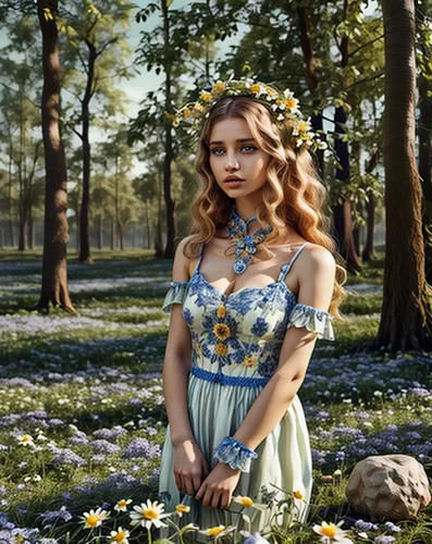 BLONDE WOMAN IN THE FIELD OF FLOWERS DAISY WITH A RADIANT SUN, LONG CURLY HAIR, DRESSED WITH BLUE AND WHITE FLORAL NECKLINE,,cinderella,bluebonnet,girl in flowers,girl in the garden,celtic woman,sprin