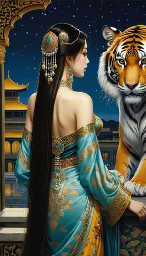 oriental painting,oriental princess,tretchikoff,miao,tigress,she feeds the lion,Illustration,Realistic Fantasy,Realistic Fantasy 08