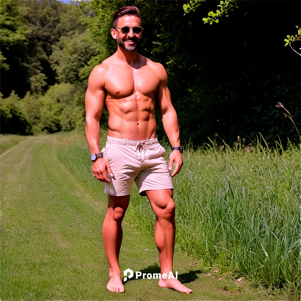 Muscular man, naturist, outdoor, solo, (25-40yo), athletic build, short hair, beard, sunglasses, confident smile, relaxed posture, hands on hips, standing, full-body shot, warm sunlight, shallow depth