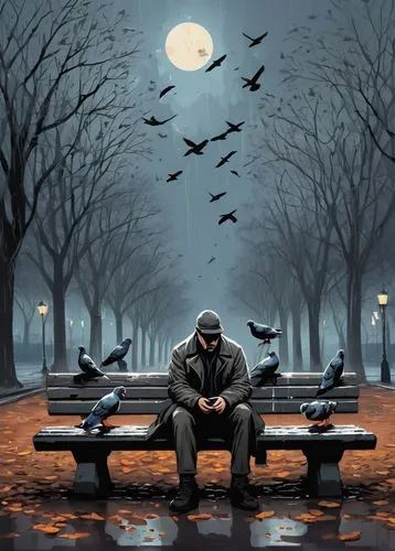 man on a bench,nighthawks,loneliness,park bench,nightwatchman,night scene,Unique,Design,Logo Design