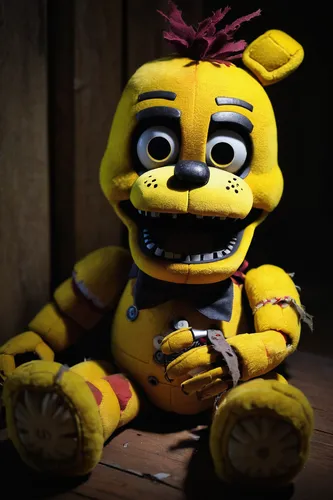 withered Chica plush, Five Nights at Freddy's, tattered yellow fabric, missing beak, exposed endoskeleton, button eyes, frayed edges, sitting pose, creepy smile, soft texture, synthetic material, chil