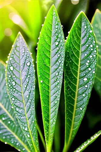 Weed leaves, green, pointed tips, serrated edges, leaf veins, soft focus, natural light, close-up shot, shallow depth of field, warm color tone, cinematic composition, dew droplets on leaves, gentle m