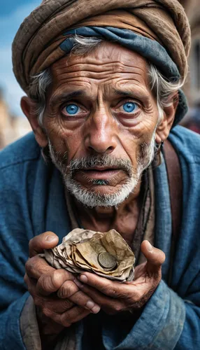 Portrait, Wide, long shot, extreme wide, a beggar in street, 8k. Hyper details. Detailed face. Blue eyes.,snake charmers,vendor,snake charming,peddler,merchant,fortune teller,bedouin,vendors,regard,th