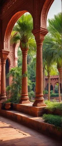 British India architecture, Indo-Saracenic style, red sandstone, intricate carvings, domes, minarets, arches, columns, ornate balconies, grand staircase, lush greenery, tropical plants, palm trees, br