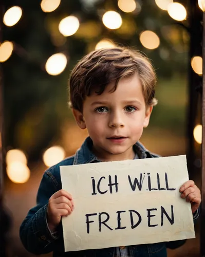 a little boy holding up a sign that says "ICH WILL FRIEDEN",weihnachtstee,äffchen,1advent,kinder,first advent,fliederblueten,children's christmas,advent,forbidden,einmerken,third advent,fussen,fdp,for