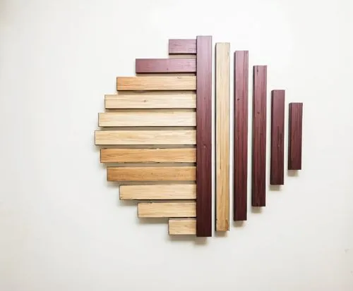 a wall decor made of wood and maroonmetal against a white background,a wood structure made up of several strips of wood,wooden stair railing,wooden stairs,wooden ladder,wooden shelf,newel,escaleras,Ph