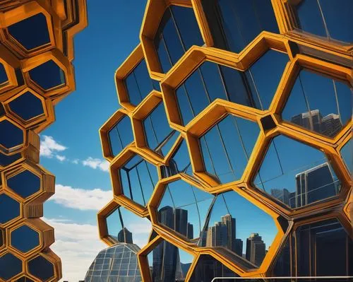 Honeycomb architecture plan, futuristic cityscape, sleek skyscraper, hexagonal building facade, golden honeycomb pattern, intricate structure, modern urban landscape, daytime, clear blue sky, few whit