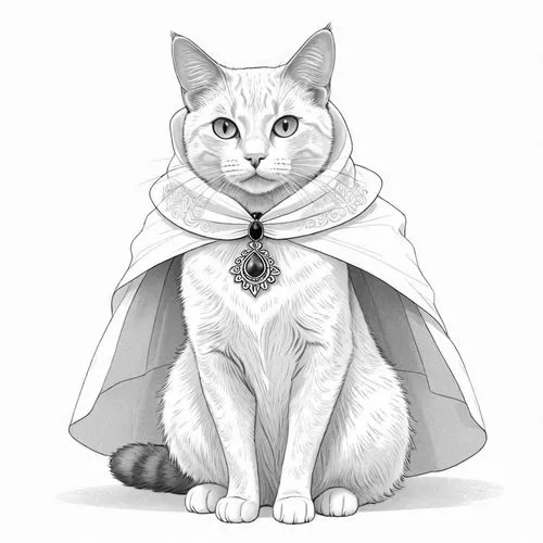 The image features a black cat adorned with a regal costume, including a white collar and a red cape draped over its shoulders. The cat's gaze is directed towards the viewer, giving an impression of c