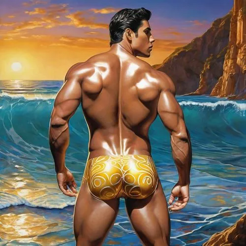 namor,sandow,sagat,beach background,nudelman,broncefigur,Art,Classical Oil Painting,Classical Oil Painting 01