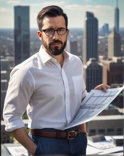 Male architect, mature, (35yo), bespectacled, short black hair, trimmed beard, white shirt, rolled-up sleeves, dark blue jeans, brown leather belt, black dress shoes, holding blueprints, standing, mod