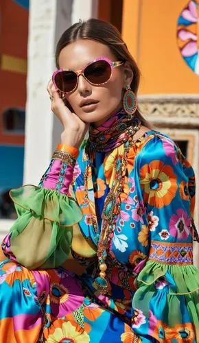 Fashion show ,a woman sitting down wearing sunglasses and a dress,caftans,caftan,kaftans,kaftan,etro,paithani silk,Photography,General,Realistic