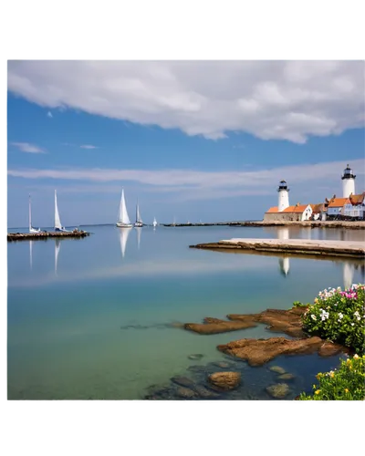 Haven scenery, cloudy sky, sailboats in harbor, seagulls flying overhead, wooden docks, lighthouses, medieval-style buildings, stone walls, flowers blooming, warm sunlight, shallow depth of field, pan