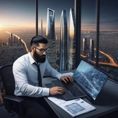 man with a computer,cybertrader,blur office background,modern office,computerologist,computer business,cios,futurists,cybercriminals,computerization,cybersurfing,night administrator,photoshop manipulation,black businessman,ceo,computer workstation,inntrepreneur,image manipulation,photo manipulation,cybersquatters,Illustration,Realistic Fantasy,Realistic Fantasy 12