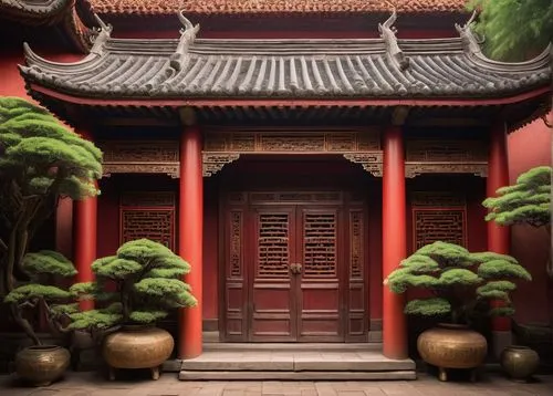 Ancient Chinese architecture, traditional abacus building, intricately carved wooden doors, ornate roof tiles, vibrant red walls, golden dragon decorations, lanterns hanging from eaves, intricate ston