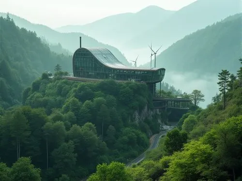 Mountainous regions, green architecture, modern factory, steel structure, glass facade, curved roof, lush greenery, vines climbing walls, solar panels, wind turbines, misty atmosphere, fog rolling in,