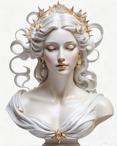 aphrodite,medusa,decorative figure,white lady,priestess,zodiac sign libra,sculpt,psyche,art nouveau,woman sculpture,cybele,white rose snow queen,diadem,porcelain rose,laurel wreath,baroque angel,caryatid,golden crown,artemisia,the zodiac sign pisces,Illustration,Paper based,Paper Based 11