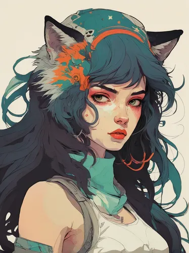 kitsune,coral bells,moonflower,wolf,flower crown,flower cat,flower hat,orange blossom,fantasy portrait,hinata,tiger lily,feline,fox,cat child,summer crown,unfinished,jasmine blossom,mint blossom,eglantine,juniper,Illustration,Paper based,Paper Based 19