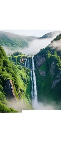 Mountainous landscape, misty atmosphere, 4K resolution, vibrant green trees, rolling hills, sparkling waterfall, rugged rocks, morning fog, warm sunlight filtering through mist, panoramic view, ultra-