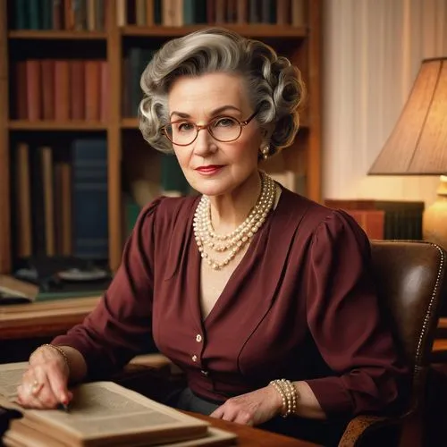 Quirky philosopher, mature lady, elegant hairstyle, subtle makeup, classic blouse, high-waisted pencil skirt, pearl necklace, sitting comfortably, vintage armchair, warm lighting, cozy study room, old