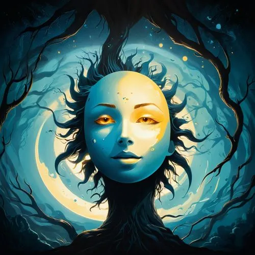 leota,ratri,girl with tree,dryad,moonchild,fae,blue moon,digital illustration,orona,moonsorrow,persephone,carcosa,kodama,moonbeam,unseelie,baoshun,hanging moon,eclipsed,sun moon,tree crown,Unique,Design,Logo Design