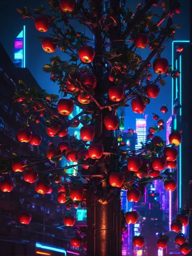 Determine how many apples are hanging on the tree.,tree lights,christmasbackground,neon coffee,retro christmas,tangerine tree,colored lights,wondertree,christmas lights,tree,shinjuku,christmas backgro