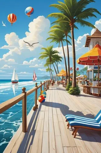 beach landscape,seaside resort,background vector,landscape background,beach restaurant,beach scenery,dream beach,caribbean beach,paradise beach,summer beach umbrellas,beautiful beach,wooden pier,world digital painting,seaside country,beach resort,seaside view,sea landscape,stiltsville,beachfront,background design,Conceptual Art,Oil color,Oil Color 14