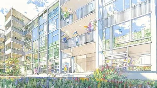 an impressionist painting, sunny day, a lot of kids and people  in the front plane,eco-construction,spring garden,balcony garden,kirrarchitecture,appartment building,new housing development,apartment 