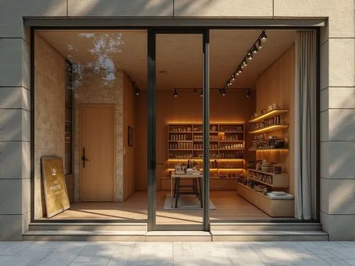 Limestone incorporated, modern vernacular store architecture, rustic exterior walls, natural texture, warm beige color, large glass windows, minimalist wooden door, elegant signage, cozy interior atmo