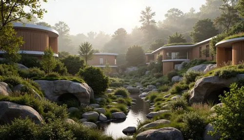 render,floating huts,3d rendering,ecovillages,3d render,3d rendered,renders,boardinghouses,rendered,cabins,ecotopia,lodges,streamside,ecovillage,bungalows,futuristic landscape,streamwood,alpine village,treehouses,mountain settlement