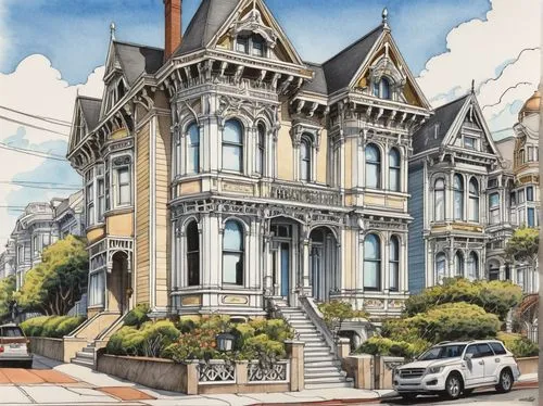 San Francisco architecture, grand Victorian house, colorful exterior walls, ornate wooden door, steeply pitched roof, dormer windows, intricate stonework, ivy climbing up walls, sunny day, clear blue 