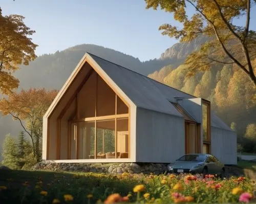 Flores y hierba ,passivhaus,timber house,house in the mountains,wooden house,house in mountains,the cabin in the mountains,electrohome,glickenhaus,frame house,small cabin,inverted cottage,cubic house,