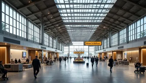 Functional airport terminal, minimalist aesthetic, clean lines, industrial materials, exposed steel beams, concrete floors, geometric shapes, primary color accents, functional signage, modernist typog