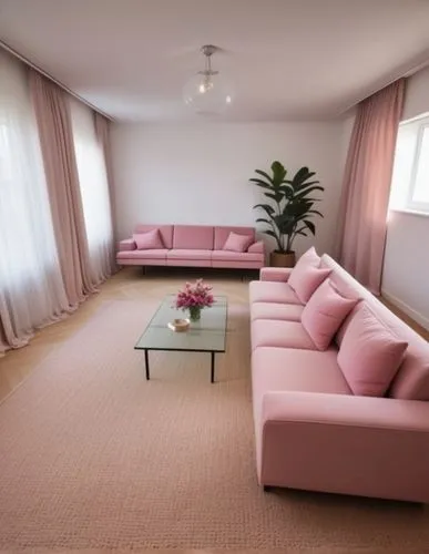 Create a minimalist style decoration by placing a long white sofa on the wall. ,light pink chair , coffee table, floor rug, corner table with flower vase, curtains, ceiling lamps, hidden ceiling light