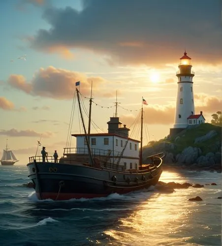 a fishing ship moves to the ligththouse,two boats sailing out towards a light house,lighthouses,cryengine,lighthouse,novigrad,uncharted,electric lighthouse,Illustration,Retro,Retro 26