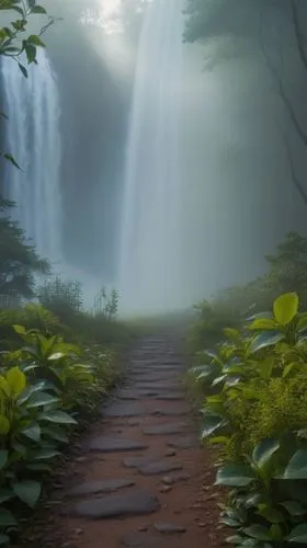 the mystical path,green waterfall,foggy forest,foggy landscape,nature wallpaper,waterfalls,forest path,bridal veil fall,brown waterfall,the path,mists,water fall,fairytale forest,waterfall,iguazu,mystical,hiking path,aaa,falls,fairy forest,Photography,General,Realistic