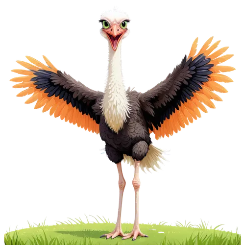 ostrich, cartoon style, adult ostrich, standing pose, bright feathers, orange beak, long neck, big eyes, eyelashes, white belly, brown back, wings spread wide, colorful tail, green grass background, s