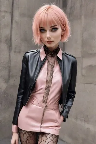 punk,pink leather,neopolitan,a wax dummy,bjd,female doll,Digital Art,Character Design