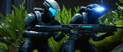 soldier in XCOM 2 War of the Chosen, tactical gear, plasma rifle, crouching position, intense expression, alien environment, futuristic city ruins, overgrown vegetation, dramatic lighting, action scen