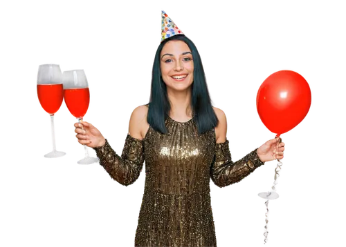 Festive atmosphere, colorful balloons, confetti, glittering decorations, smiling face, party hat, festive outfit, holding champagne glass, cheering, sparkling lights, soft focus, vibrant colors, shall